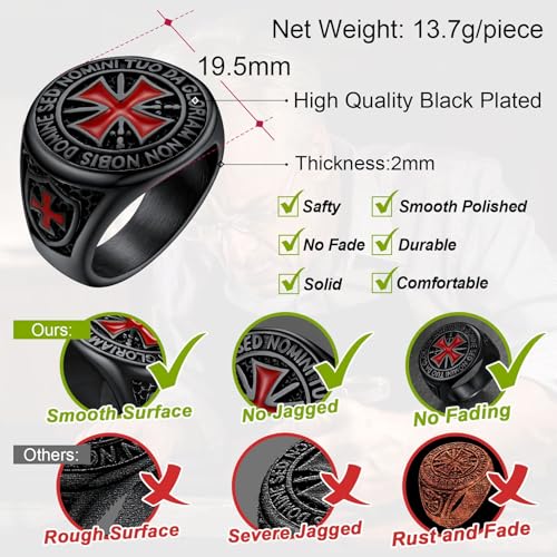 FaithHeart Mens Stainless Steel Crusader Jerusalem Cross Ring with 18K Gold Plated Two Tone Ring Size 7,8,9,10,11,12 - color: 06. Crusader Cross-Black(Custom)