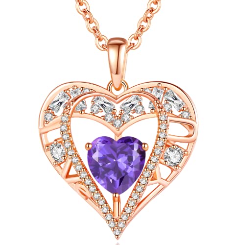 5 Heart I Love You Necklace for Women, Birthstone Crystal Pendant, Birthday Gift for Her, Wife, Mom, Rose Gold or Gunmetal Plated, 925 Sterling Silver Chain 18"+2" - color: 02-February-Amethyst Deep Violet-Rose Gold Plated