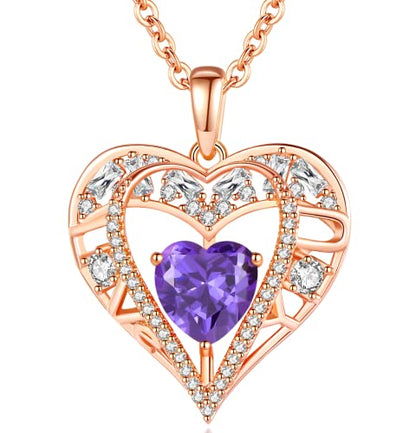 5 Heart I Love You Necklace for Women, Birthstone Crystal Pendant, Birthday Gift for Her, Wife, Mom, Rose Gold or Gunmetal Plated, 925 Sterling Silver Chain 18"+2" - color: 02-February-Amethyst Deep Violet-Rose Gold Plated