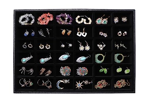 Wudygirl Earring Organizer Leather Jewelry Tray for Drawer 13.7"x9.4" Black | 36 Grid Jewelry Organizer with Velvet Liner, Jewelry Tray for Storage, Ideal for Dresser Drawer, Gift Giving, Stackable - color: Black 36 Grid, size: 1 Pcs