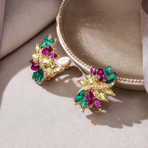 EVER FAITH Sparkly Rhinestone Clip-on Earrings for Women Bride, Fashion Marquise Crystal Cluster Wedding Bridal Stud Earring for Prom Formal Party - color: Purple Green Yellow Gold-Tone