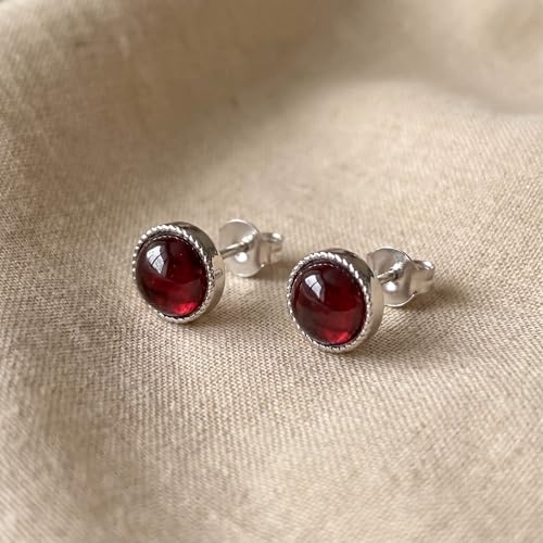 Garnet Earrings, 925 Sterling Silver Stud Earrings Hypoallergenic, January Birthstone Jewelry for Women