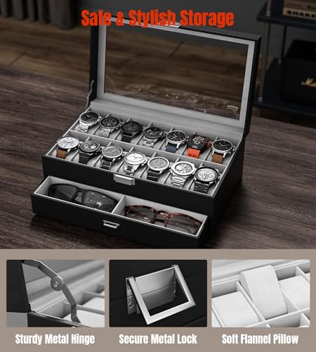 Watch Case Box for Men - 14 Slots Watch Display Organizer with Glass Lid, Double Layer PU Leather Jewelry Storage with Drawer, Gift for Husband Boyfriend Dad, Black - size: 14 Slots, Black