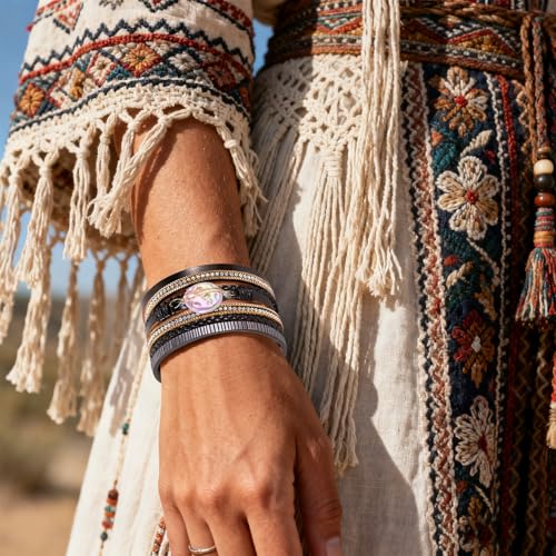 Wrapped Bracelets for Women,Leather Boho Bracelets for Women - color: Shell-Black