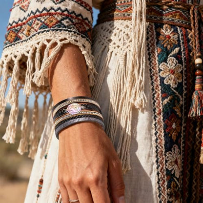 Wrapped Bracelets for Women,Leather Boho Bracelets for Women - color: Shell-Black