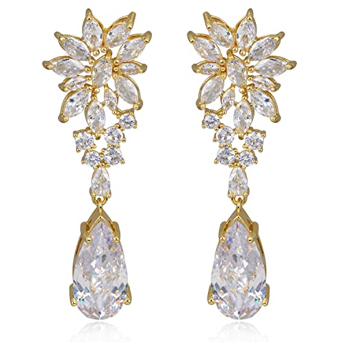 CZ Bridal Earrings for Wedding - 14k Plated Sterling Silver Elegant Teardrop Cubic Zirconia Crystal Rhinestone Floarl Leaf Cluster Chandelier Statement Dangle Drop Earrings for Bride Bridesmaids Party - color: Yellow Gold