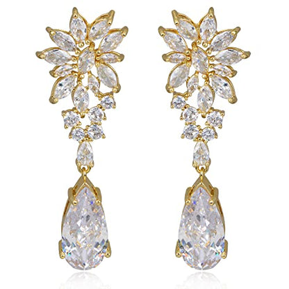 CZ Bridal Earrings for Wedding - 14k Plated Sterling Silver Elegant Teardrop Cubic Zirconia Crystal Rhinestone Floarl Leaf Cluster Chandelier Statement Dangle Drop Earrings for Bride Bridesmaids Party - color: Yellow Gold