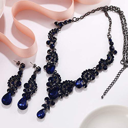 EVER FAITH Rhinestone Crystal Bridal Floral Wave Teardrop Necklace Earrings Set - color: 2pcs_Blue Black-Tone
