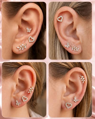 YACHY ASTM F136 G23 Titanium Flat Back Stud Earrings, Internally Threaded Screw-On Hypoallergenic Body Piercing Jewelry for Everyday Wear, Tragus Helix Conch Monroe Medusa Lip, 18G 6mm 8mm - color: Blooming Love--3pcs+3bar--Silver, size: 6mm+8mm