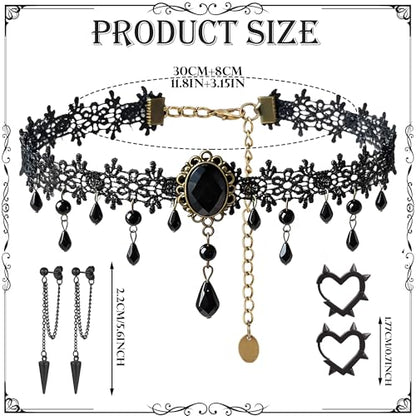 MOSTORY Gothic Accessories for Women, 3 Pcs Blakc Beaded Lace Choker Necklace Dangle Earrings Spike Heart Hoop Earrings Set for Goth Cosplay Witch Aesthetic Renaissance Renfaire Halloween