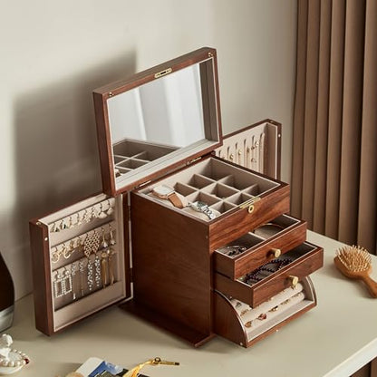CHOSIN Black Walnut Wooden Jewelry Box for Women with Lock, Mirror, 4 Layer | Locking wity Key, 2 Drawers, Rotating Ring Holder, 2 Side Doors, Large Capacity for Necklaces, Earrings, Rings, Women Gifts - size: 4 Layer - Top & Side Lock