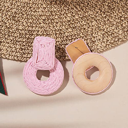 Statement Raffia Earrings Cute Boho Earrings Rattan Dangle Earrings Handmade Straw Wrap Earrings Summer Drop Dangling Earrings for Women Teen Girls - color: Pink