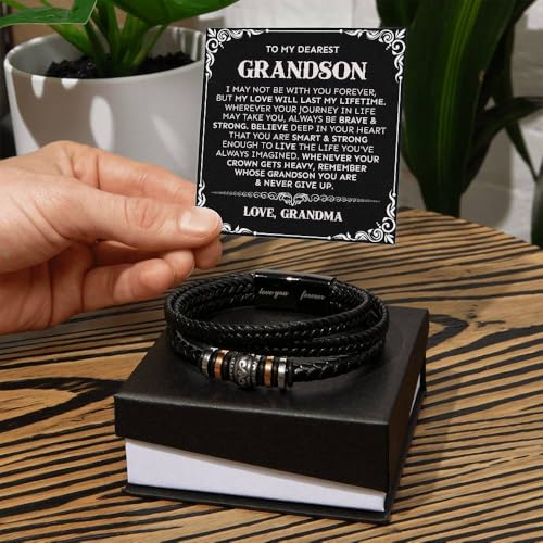To Our Grandson Bracelet from Grandpa and Grandma - Love You Forever Engraved Leather Wristband with Inspirational Message Card - Sentimental Birthday Graduation Gift for Men, Teen - color: Version-03
