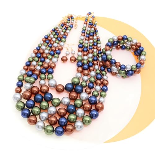 JNF Large Faux Pearl Necklaces for Women Multi strand Pearl Necklace Bracelet and Earrings Set 1920s Costume Pearls Necklace Jewelry Accessories - color: dark multi Color
