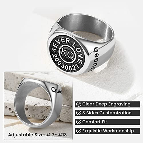 KeyStyle Stainless Steel Signet Rings Personalized for Men, Womens Custom Engraved Round Pinky Ring, Cool Ring Biker Rings Peronalised Gifts for Father Husband Mother (Size 7-13)
