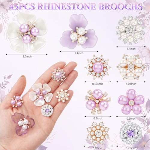 Sureio 45 Pcs Pearl Rhinestone Brooch Lapel Pin Set - color: Purple