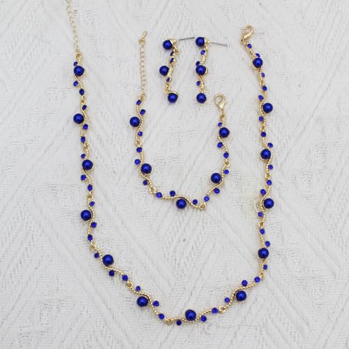 Bridal Pearl Choker Necklace Earrings Bracelet Wedding Crystal Jewelry Set for Women Brides Bridesmaid Prom - color: Blue-Gold Plated
