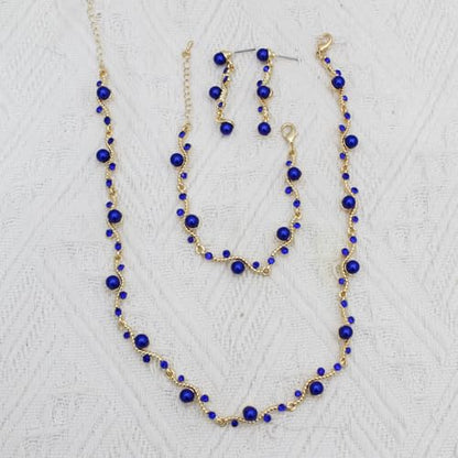 Bridal Pearl Choker Necklace Earrings Bracelet Wedding Crystal Jewelry Set for Women Brides Bridesmaid Prom - color: Blue-Gold Plated