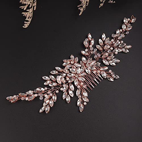 Wedding Rose Gold Hair Comb with Rhinestone Crystal Flower for Bridal Headpieces, Handmade Accessories for Women and Girls (ROSE GOLD) - color: ROSE GOLD