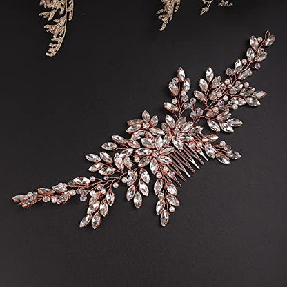 Wedding Rose Gold Hair Comb with Rhinestone Crystal Flower for Bridal Headpieces, Handmade Accessories for Women and Girls (ROSE GOLD) - color: ROSE GOLD