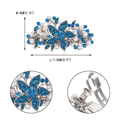 EVER FAITH Austrian Crystal Bridal Hibiscus Flower Leaf Cream Simulated Pearl Hair Clip Barrette Navy Blue Silver-Tone - color: Navy Blue Silver-Tone