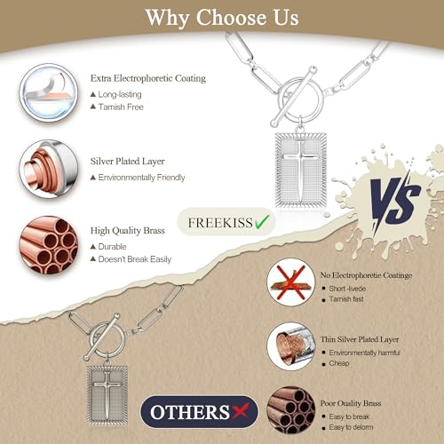 Freekiss 3-Piece Layered Toggle Necklace for Women | Gold/Silver necklace set with herringbone, rope, and paperclip chains plus a toggle clasp for layering, parties, and gifts - color: Silver Cross Necklace