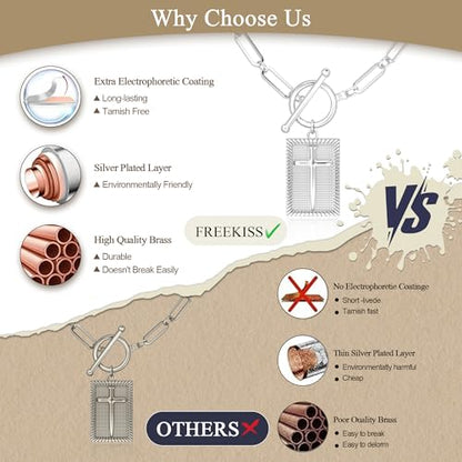Freekiss 3-Piece Layered Toggle Necklace for Women | Gold/Silver necklace set with herringbone, rope, and paperclip chains plus a toggle clasp for layering, parties, and gifts - color: Silver Cross Necklace