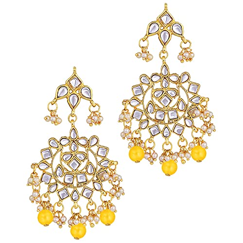 Aheli Elegant Indian Faux Kundan Studded Choker Necklace with Maang Tikka Set Ethnic Wedding Wear Bharatanatyam jewellery set Gift for Women - color: Yellow