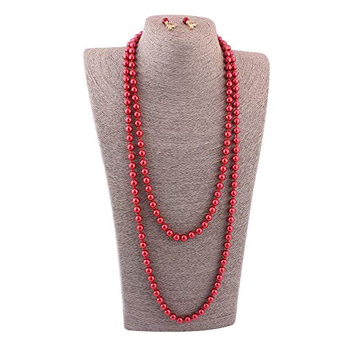 Handmade Faux Pearl Necklace and Clip on Earrings Jewelry Sets for Women Bib Choker Collar Necklace - color: 140cm Red-Necklace+Screw Clip Earrings
