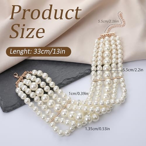 5 Layers Round Imitation Pearl Choker Necklace, Vintage White Multi-Strand Pearlchoker Necklaces for Women Bridal Wedding Party