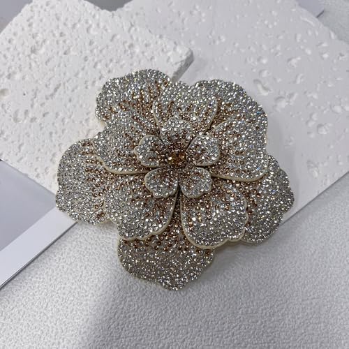 Rhinestone Flower Brooch Pin for Women Men Elegant Sparkly Crystal Camellia Floral Lapel Pins Shawl Dress Suit Clothes Accessories Wedding Party Fashion Jewelry 105mm - color: Beige