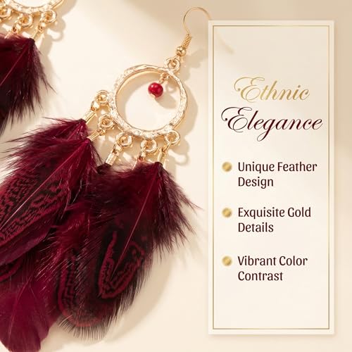 Vibrant Red Feather Drop Earrings for Women Vintage Hoop | Lightweight retro accessories complementing summer vacation outfits