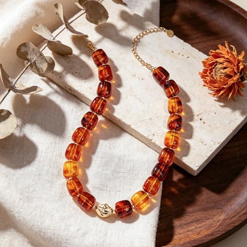 Beaded Necklaces for Women Boho Chunky Necklace Statement Big Resin Bead Choker Fashion Summer Beach Jewelry - color: Amber