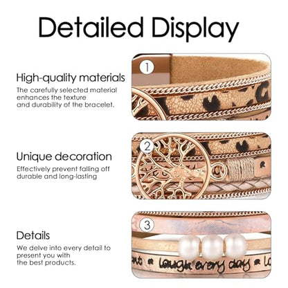 Leather Wrap Bracelets for Women, Boho Leopard Multi-Layer Crystal Beads Cuff Jewelry - color: J-Warp-004
