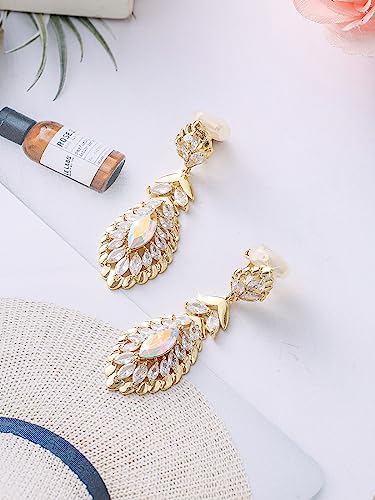 Clip On Crystal Dangle Non Pierced Earrings for Women 14K Gold Plated Jewelry - color: Apr-Diamond-14K Gold
