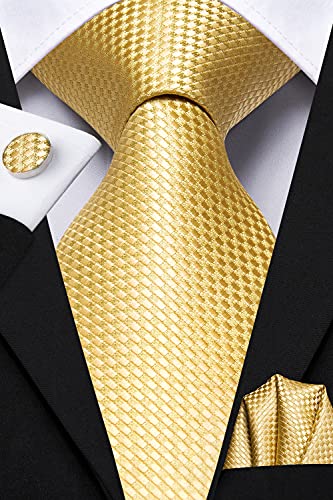 Hi-Tie 5Pcs Mens Solid Color Silk Tie Satin Pretied Bowtie Lapel Pin for Men Handkerchief Cufflink Wedding Gift Box - color: Gold Set