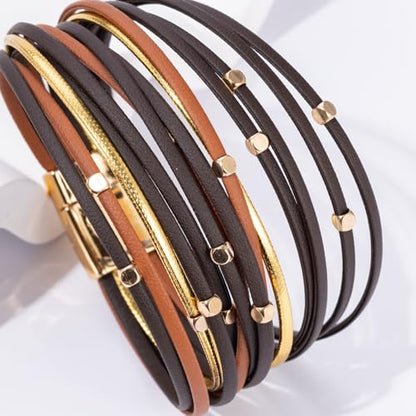 Boho Leather Wrap Bracelets Beaded Stackable Cuff Bracelet Country Concert Outfits Cowboy Cowgirl Western Jewelry Gifts for Women - color: Bead-Brown