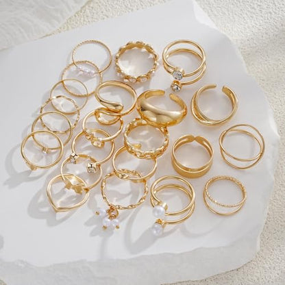 FAXHION 25 PCS Gold Stackable Rings Set for Women, Simple Twist Knuckle Finger Ring Trendy, Dainty Stacking Statement Thumb Rings Pack Jewelry Gift - color: Gold-Pearl