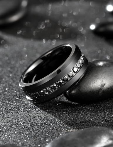 King Will 8mm Tungsten Carbide Rings for Men Cubic Zircon Stones Inlay - color: Black-Black Gemstones 8mm