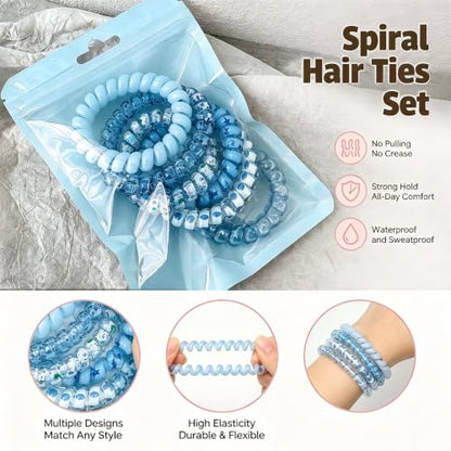 6 Packs Blue Coil Hair Ties, Spiral Plastic Hair Rings for Styling, Blue | Spiral Plastic Coil Hair Rings In Blue, For Styling And Travel, For Daily Wear And Gifting, 2.2 x 2.2 Inches (5.6 x 5.6 Cm) - color: Blue