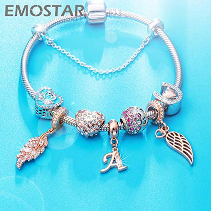 EMOSTAR Letter Charms Initial A-Z Alphabet Beads, Rose Gold 925 Sterling Silver Dangle CZ Birthstone Pendant, Gifts for European Charm Bracelet/Mothers Day/Birthday - color: Letter A