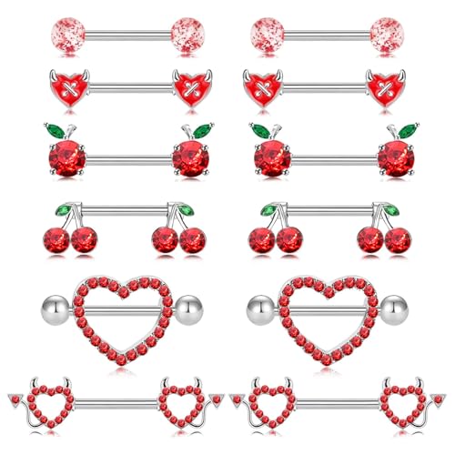 14G Nipple Rings for Women 316L Stainless Steel Heart,Butterfly,Moon,Devil,Flower Nipple Barbell CZ Nipple Rings Set Nipplerings Piercing Jewelry - color: red