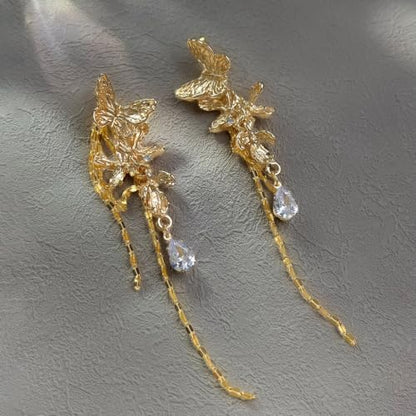 Vintage Gold Butterfly Ear Climbers Detachable Tassel Teardrop CZ Drop Chain Dangle Earrings for Women Party Jewelry