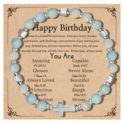 Natural Stone Stretch Bracelet for Women - Holy Water Elastic Cross Bracelet | Christmas Christian Baptism Gift, Meaningful Gifts, Unique Gift for Friends Mom Daughter Sister - style: cross-Happy Birthday