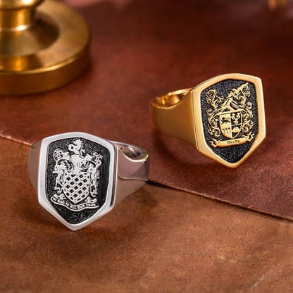 callie Custom Signet Ring - Engraved Text & Photo, Personalized Family Crest Coat Of Arms Rings, 925 Sterling Silver/Brass | Father's Day Jewelry Gifts for Men & Women - color: Hexagon