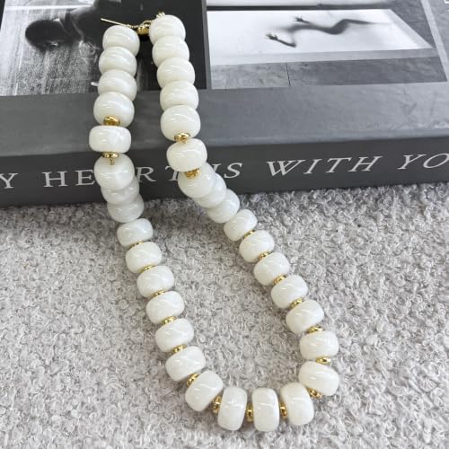 Colorful Chunky Resin Beaded Choker Necklaces for Women | Multicolor Beads, Sturdy Metal Chain, Adjustable, Detachable, Lightweight, Summer Beach Boho, Trendy Statement Jewelry Gift - color: Cream