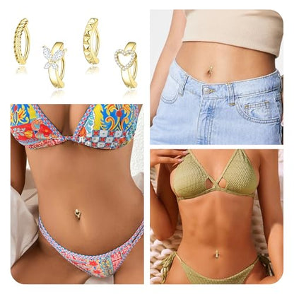 Kenivira 8 Pcs Belly Button Ring Hypoallergenic Surgical Steel CZ Belly Button Rings For Women Clicker Navel Piercing Jewelry - color: Gold