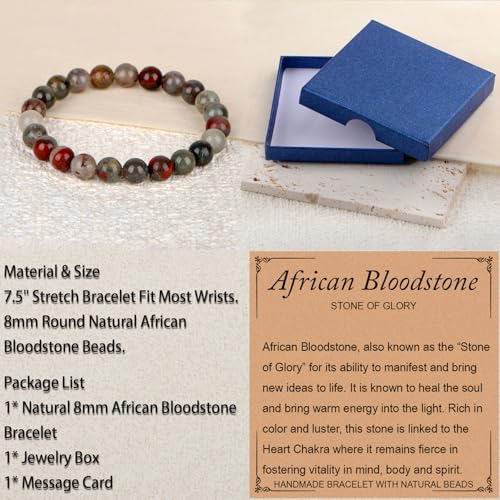 LPBeads Handmade Natural Gemstone Stretch Elastic Bracelet Healing Crystal Round Stone Beads Jewelry Gifts for Women Men - color: African Bloodstone, size: 8mm