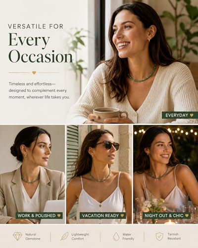 Natural Heishi Gemstone Choker Necklace for Women, Adjustable 15"+2" Beaded Layering Necklace, Coastal Beach Jewelry Gift for Her - color: Green Aventurine