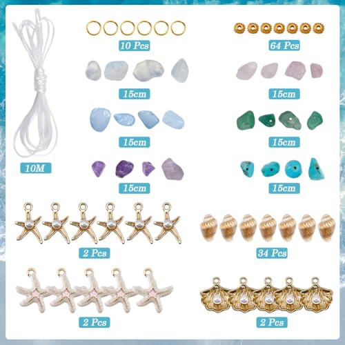 SUNNYCLUE 1 Box 6 Sets Sea Bracelet Making Kit Natural Stone Chip Beads Enamel Starfish Shell with Acrylic Pearl Rose Quartz Stone Chip Bead for Jewelry Making Kit Women Adults Starters Gift - style: Ocean 1